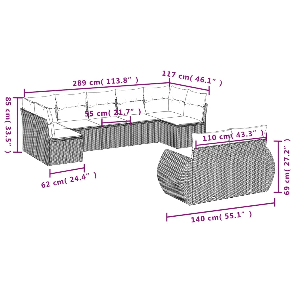 Set Divano da Giardino 9pz con Cuscini Grigio Chiaro Polyrattan