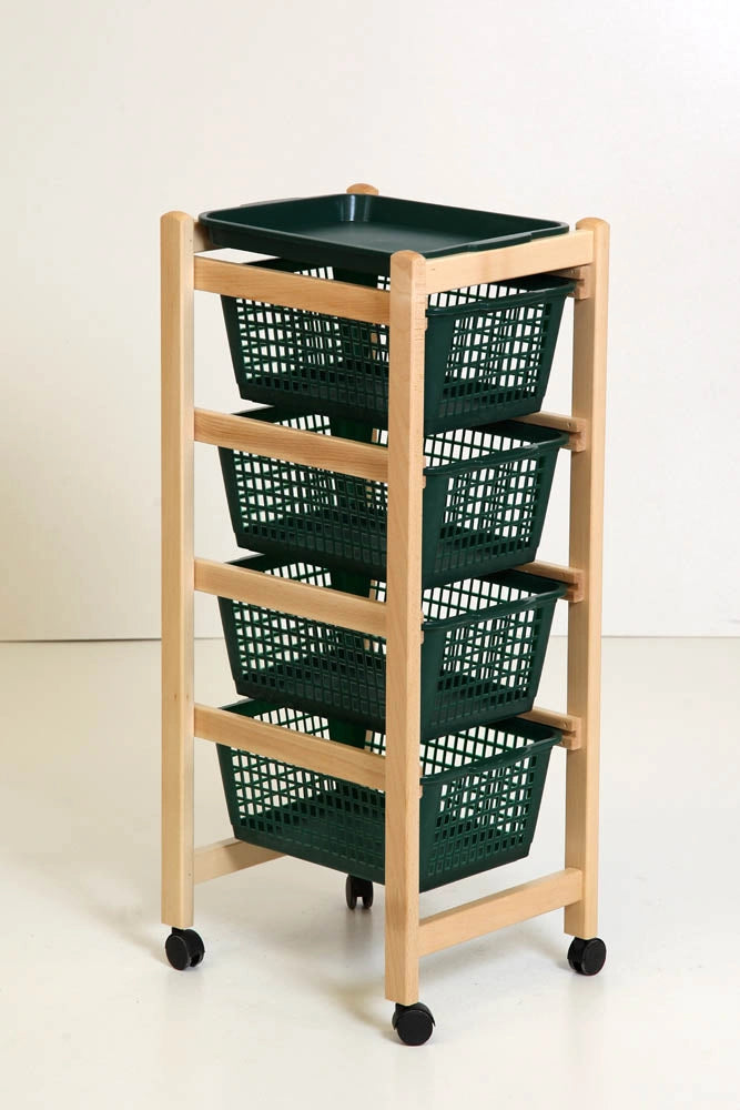 CARRELLO PORTAFRUTTA JOLLY NATURALE LEGNO MASSELLO CON RUOTE  CON CESTELLI VERDI