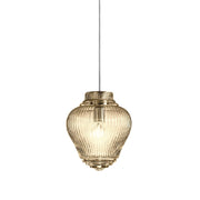 Clyde Lampada a sospensione in vetro soffiato color Ambra con lavorazione rigadin e struttura in metallo grigio, diametro 23 cm, altezza 315 cm