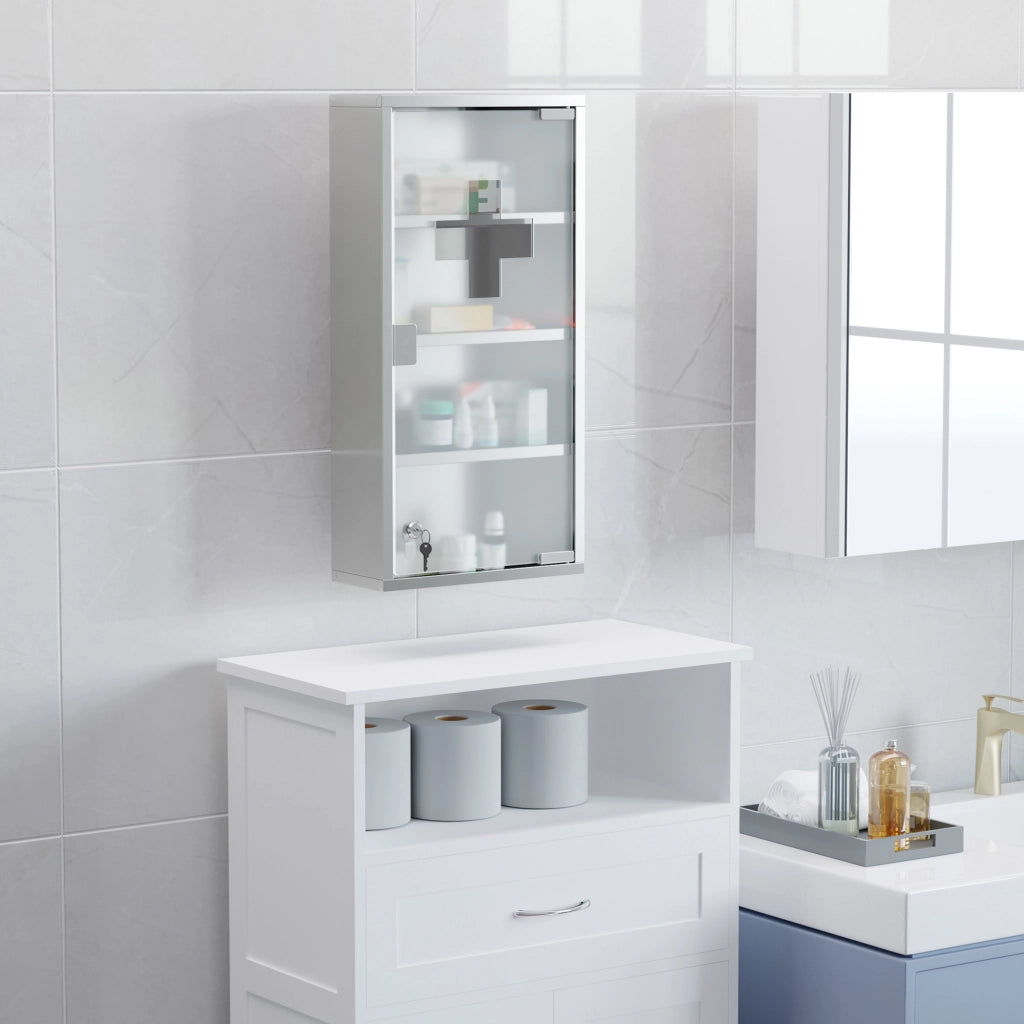 Mobile bagno con anta in vetro satinato; serratura e croce primo soccorso in acciaio inox per bagno; 30×12×60 cm