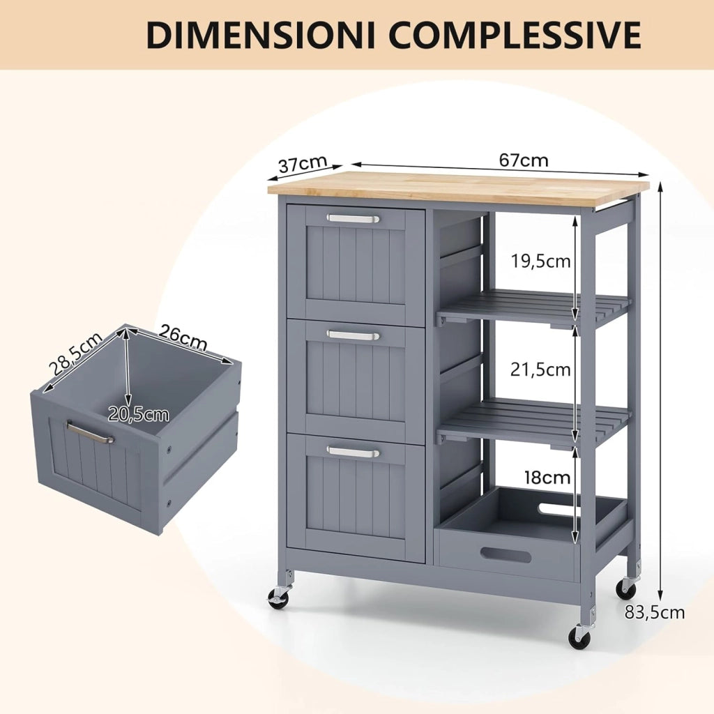 Carrello da Cucina con Ruote, Credenza Cucina con 4 Ripiani e 3 Cassetti, in Legno, Ideale per Cucina Ristorante e Bar, 67 x 37 x 83,5 cm (Grigio)