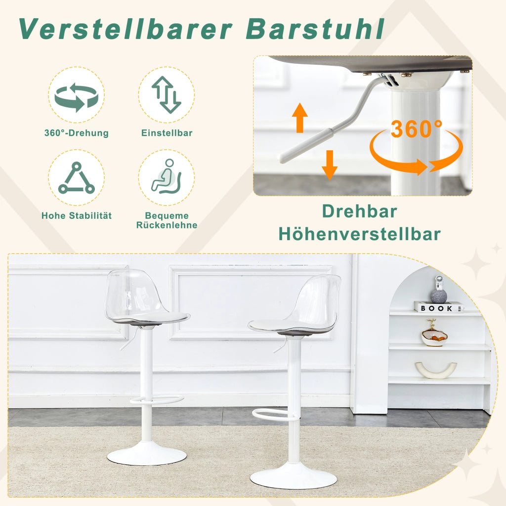 Set da 2 sedie a trave regolabili: schienale trasparente + gambe in metallo bianco, altezza regolabile da 82 a 104 cm, rotazione a 360¡ã.