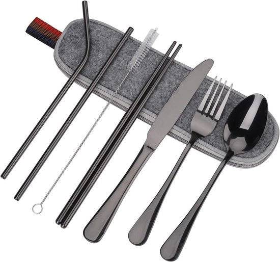 Set di attrezzi portatile per tavolo - Herbruikbaar - Acciaio inossidabile - Incluso coltello, forchetta, cucchiaio, stuzzichini, spazzola per pulizia, set di spilli - Con contenitore portatile - 8 pezzi - Ideale per viaggiare