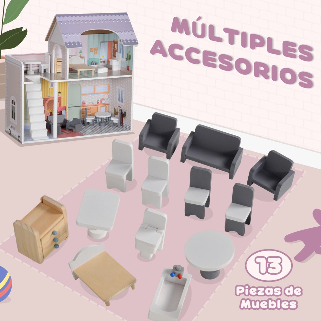 Casetta per Bambini con Balcone 2 Piani e Mobili ¨C Minimal ¨C Multicolore