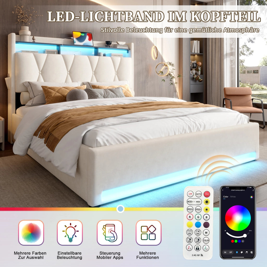 Letto Contenitore 140x200 cm con LED; USB e Type-C; Beige in Velluto