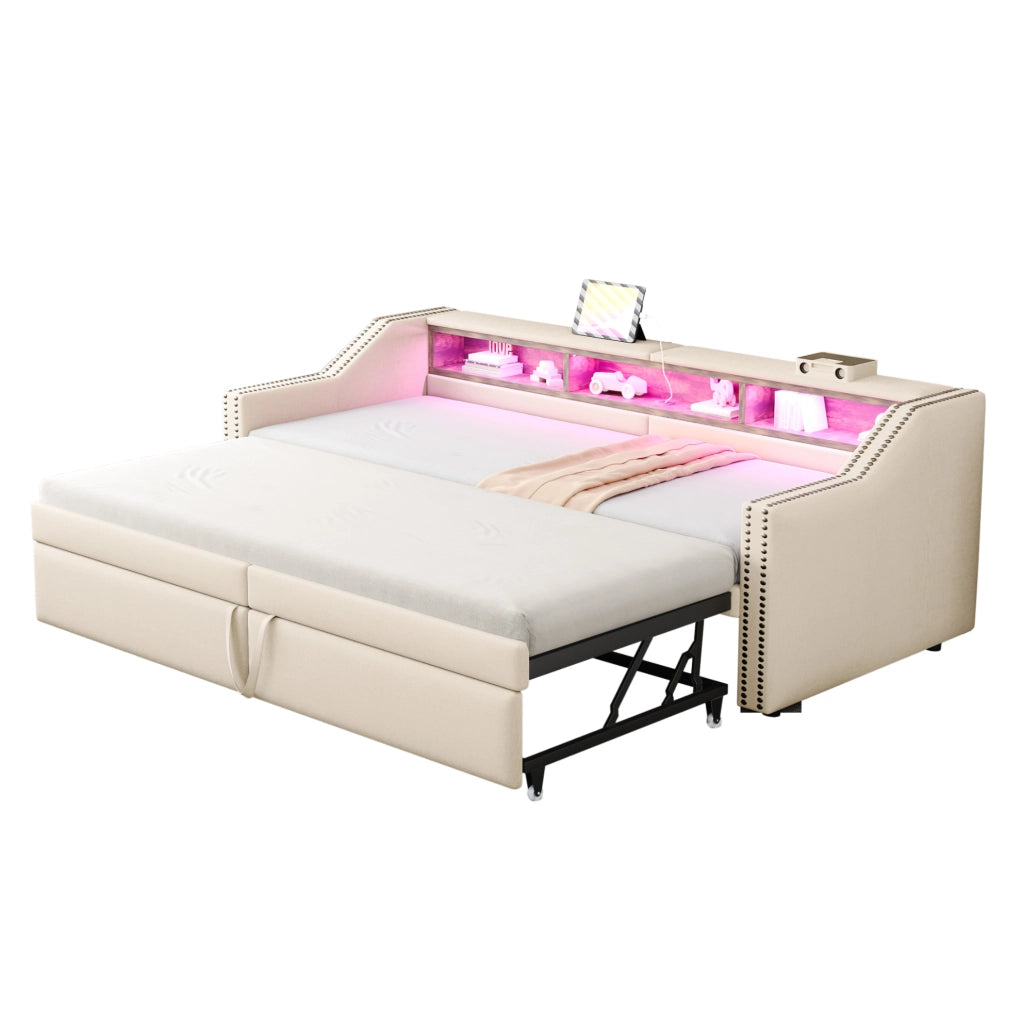 Divano letto estraibile 90/180x200 cm con vani laterali, LED e USB