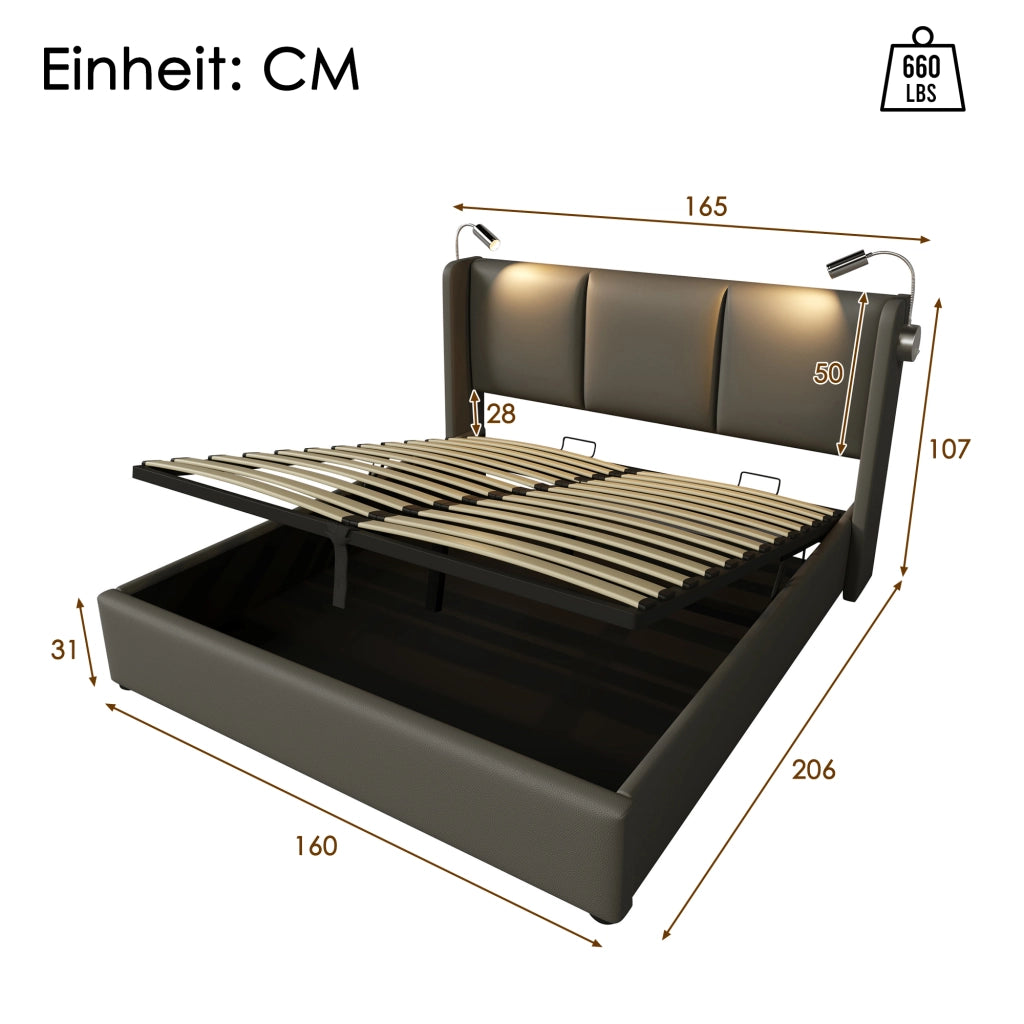 Letto Contenitore 160x200 cm con Luce da Lettura e Ricarica USB; in PU; Grigio