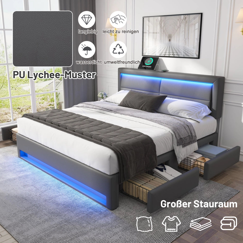 LETTO imbottito 140x190 cm in PU grigio con USB, LED e 4 cassetti