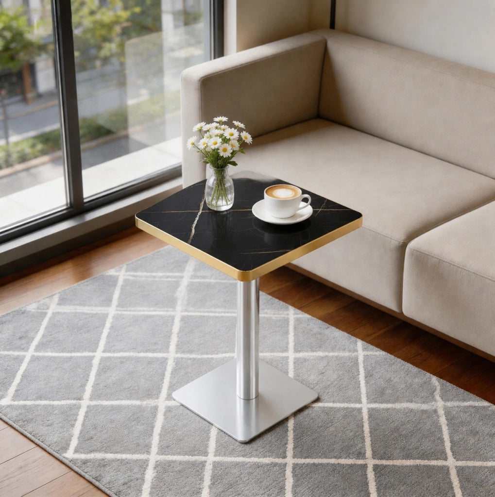 Tavolo da pranzo quadrato 60x60 cm con effetto marmo; struttura in metallo; nero