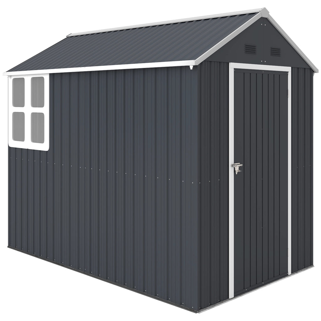 Casetta da Giardino Porta Attrezzi in Acciaio Zincato e PP con Finestra, 259x172x222 cm, Grigia e Bianca