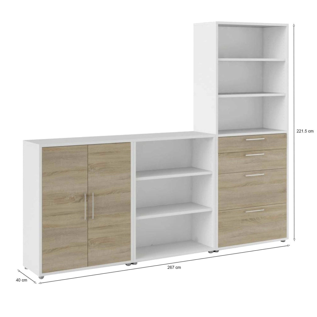 Credenza Acceglio, Buffet da soggiorno, Madia da salotto, Dispensa da cucina, 267x40 h222 cm, Bianco e Quercia