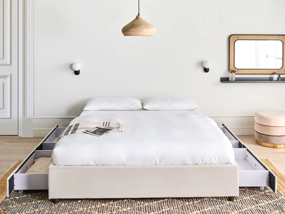 Letto matrimoniale in Tessuto beige chiaro con Cassetti 160 x 200 cm Design tradizionale