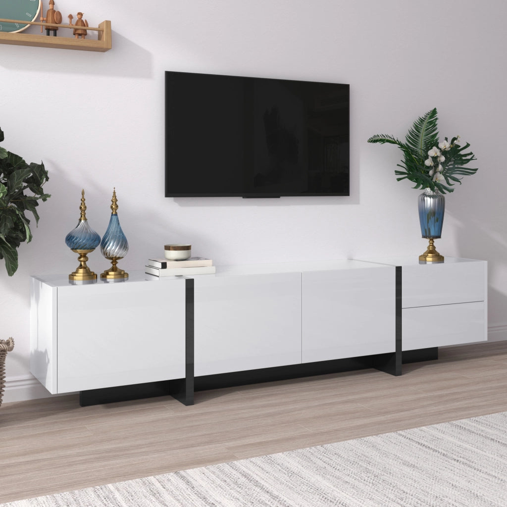 Cassettiera TV bianca lucida e nera; in truciolato; lunghezza 190 cm