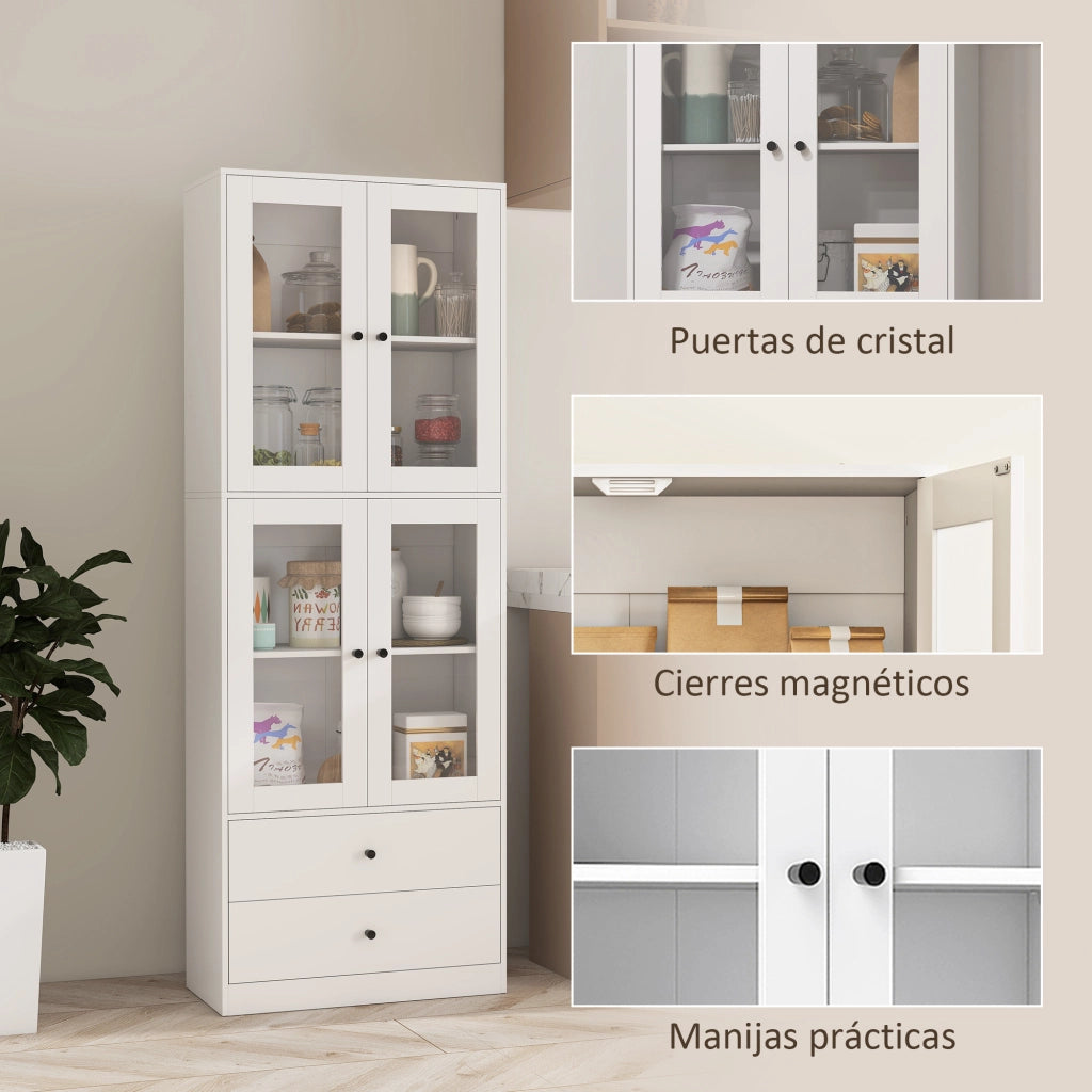 Mobile cucina con ante vetro ¨C Xylo ¨C 4 porte 2 cassetti ripiani regolabili bianco 59x30x170cm