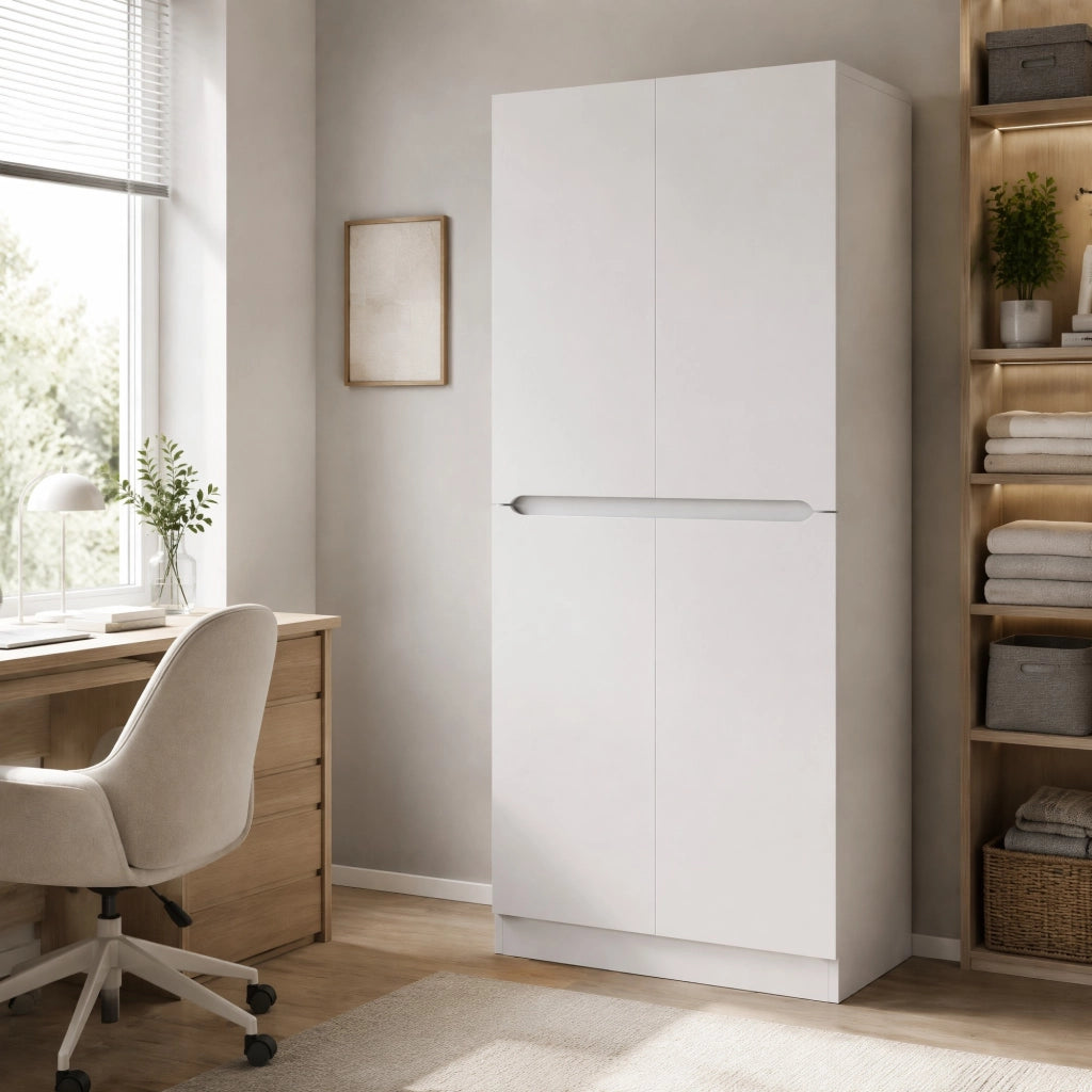 Armadio a doppia anta 70 x 40 x 170 cm con vano inferiore e ripiani; bianco in legno