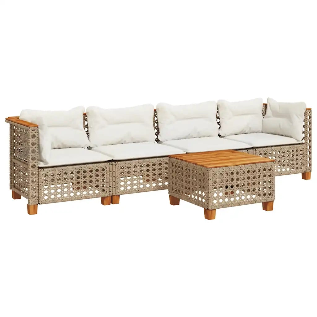 Set Divano da Giardino 5 pz con Cuscini Beige in Polyrattan