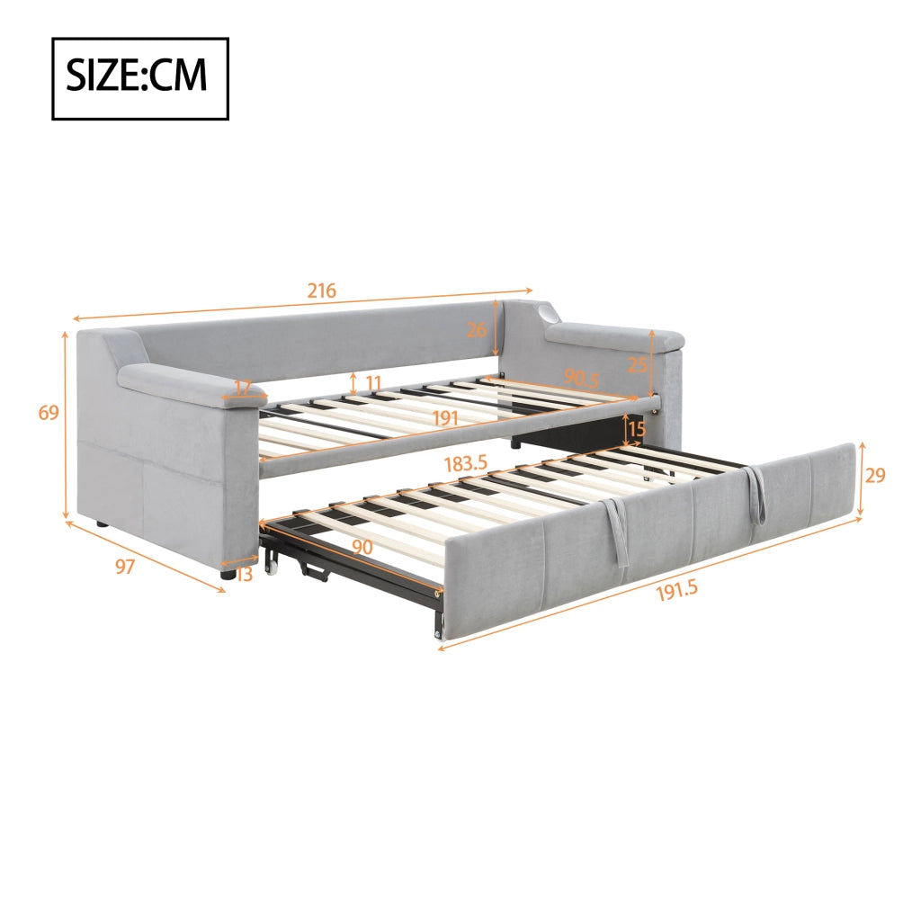 LETTO SOFA 90/190 cm Grigio in velluto con armlehnen Bluetooth, USB e ripiani