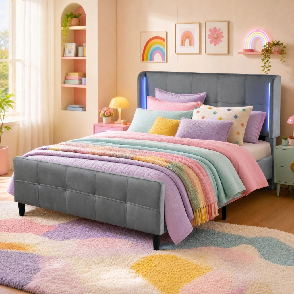 Letto matrimoniale imbottito in velluto con LED a 16 colori e testiera regolabile