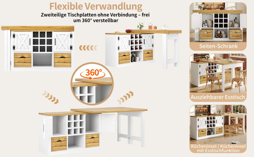 Tavolo da pranzo allungabile con sideboard, piano girevole a 360°, MDF, bianco
