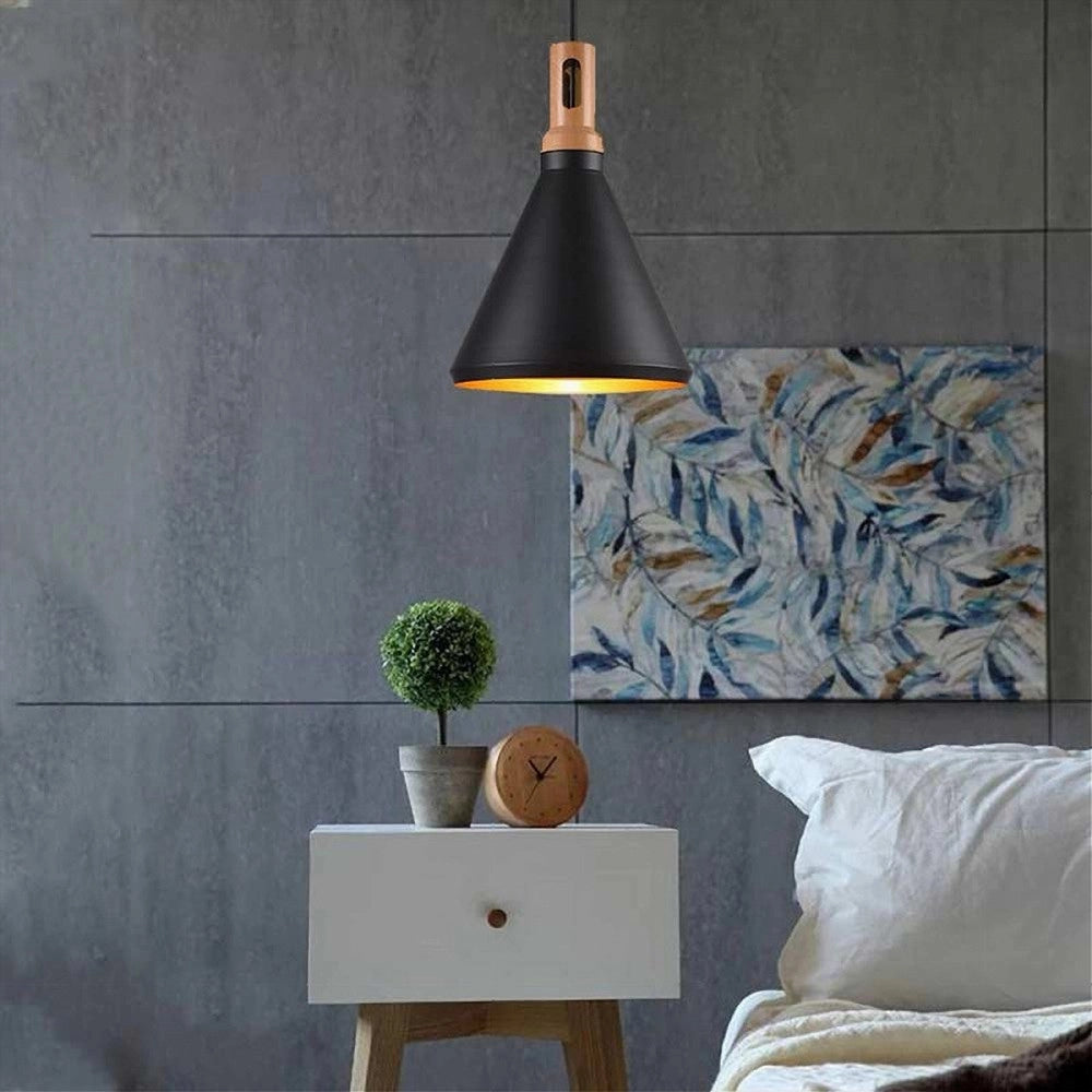 Trade Shop - Lampadario A Sospensione Stile Industriale In Metallo Pendente A Cono E27 A94 - Nero