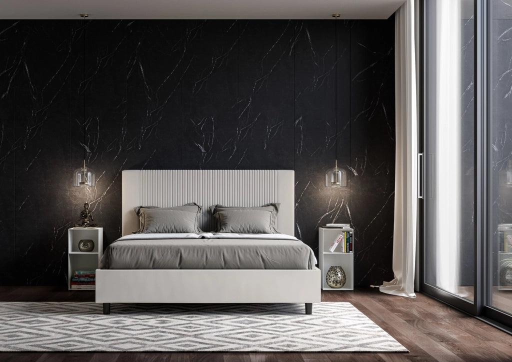 BS COM Letto matrimoniale contenitore doppia alzata imbottito 160x200 similpelle bianco