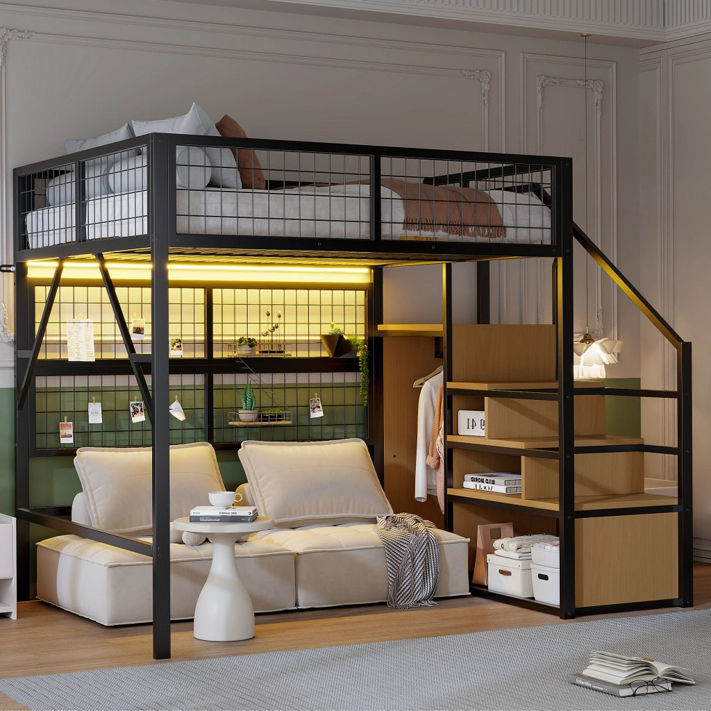 LETTO a soppalco 140x200 cm Metallo Nero con scala e contenitore