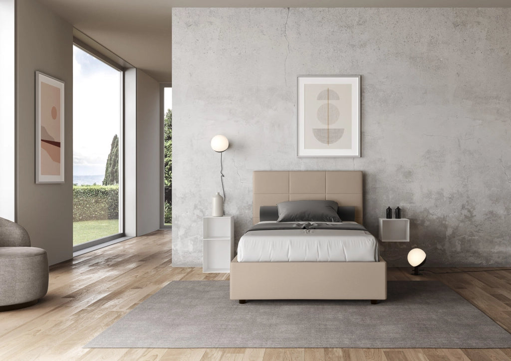 BS COM Letto una piazza e mezza con rete imbottito 130x200 similpelle tortora