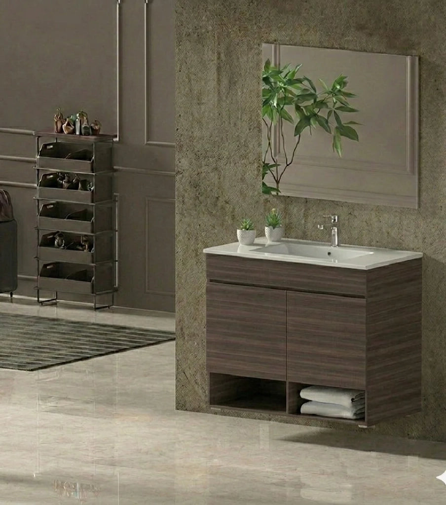 Mobile Bagno NEBARI Già Montato 2 portas, lavabo e specchio Frassino tea 90x45 cm