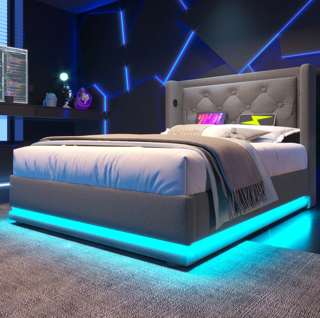 Letto imbottito con USB Type-C, LED e contenitore salvaspazio