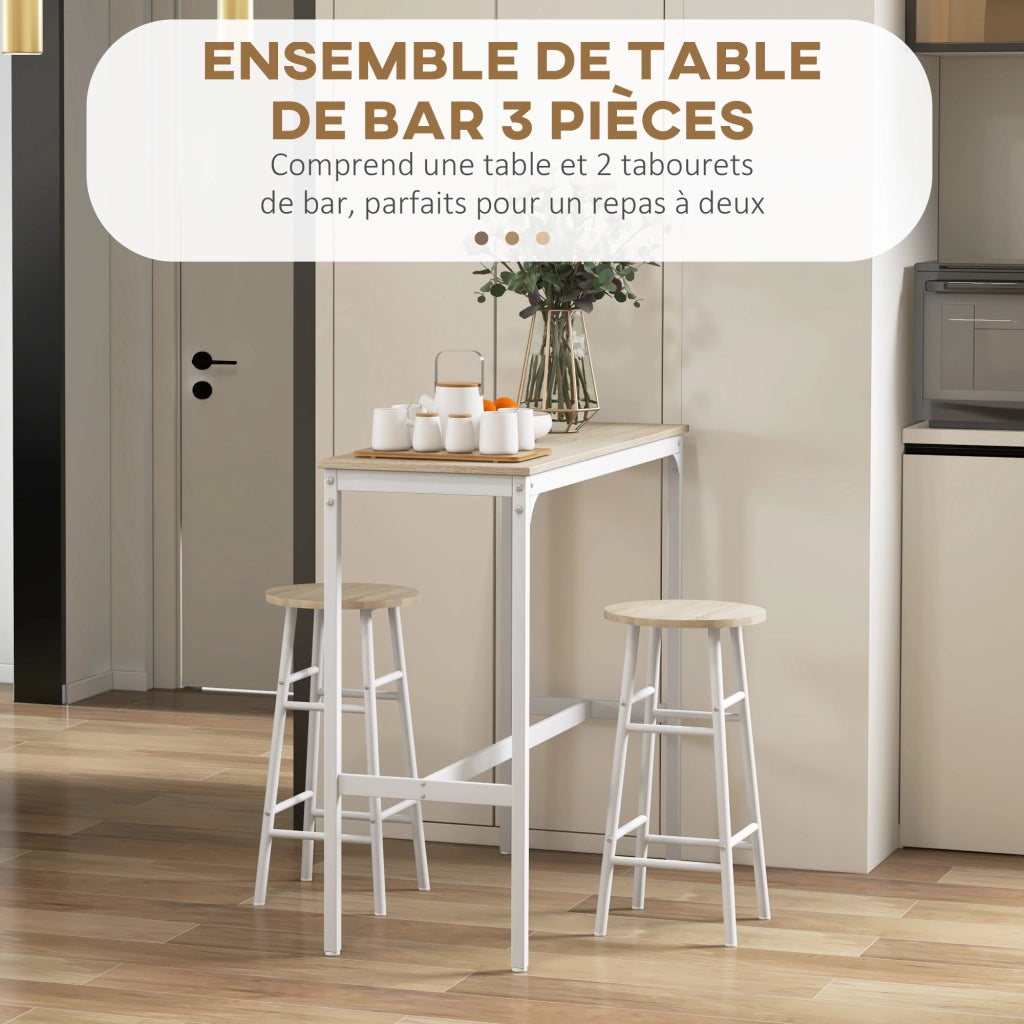 Set tavolo bar alto + 2 sgabelli con piano effetto legno naturale e telaio in metallo bianco per 2 persone