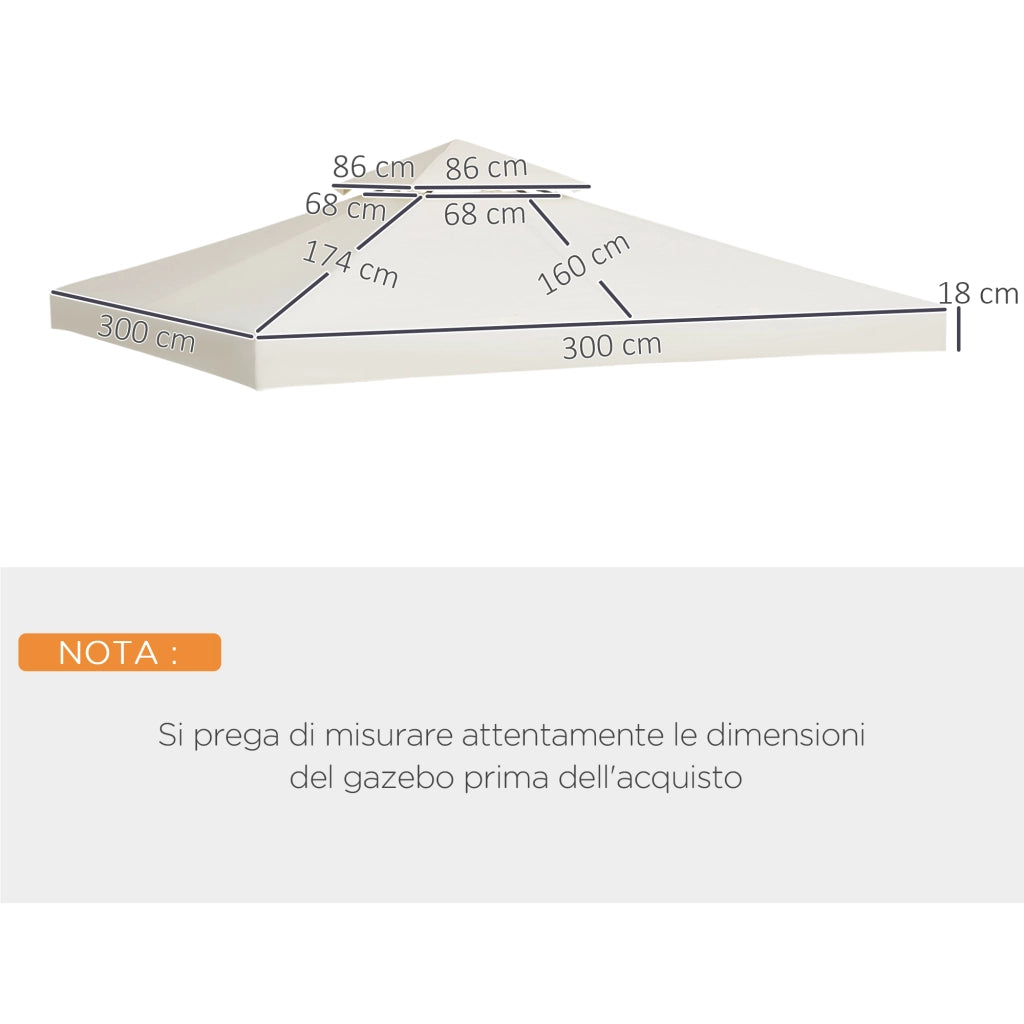 Telo Gazebo 3x3 m a 2 Livelli in Poliestere Resistente. Copertura Gazebo 3x3 con 8 Fori di Drenaggio e Cinghie in chiusura a strappo. Crema
