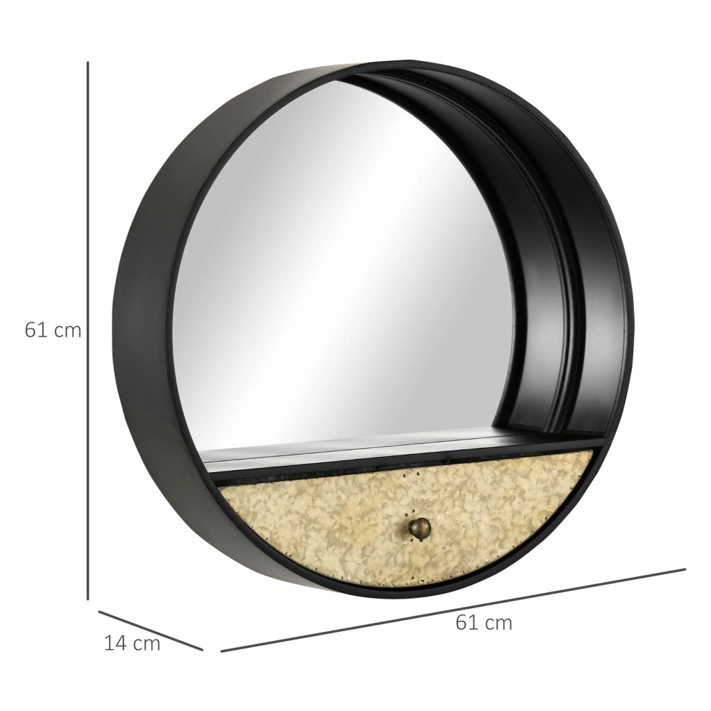 Specchio Decorativo Rotondo con Cornice e Cassetto ¨C Zephmum ¨C Nero Metallo MDF ?61cm