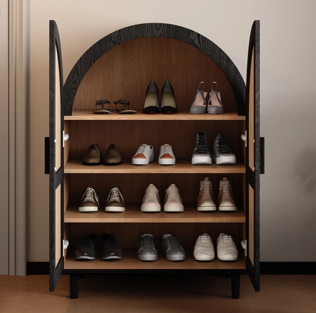Scarpiera 70x40x100 cm con ripiani regolabili e ante in rattan MDF; pannello truciolare naturale e nero