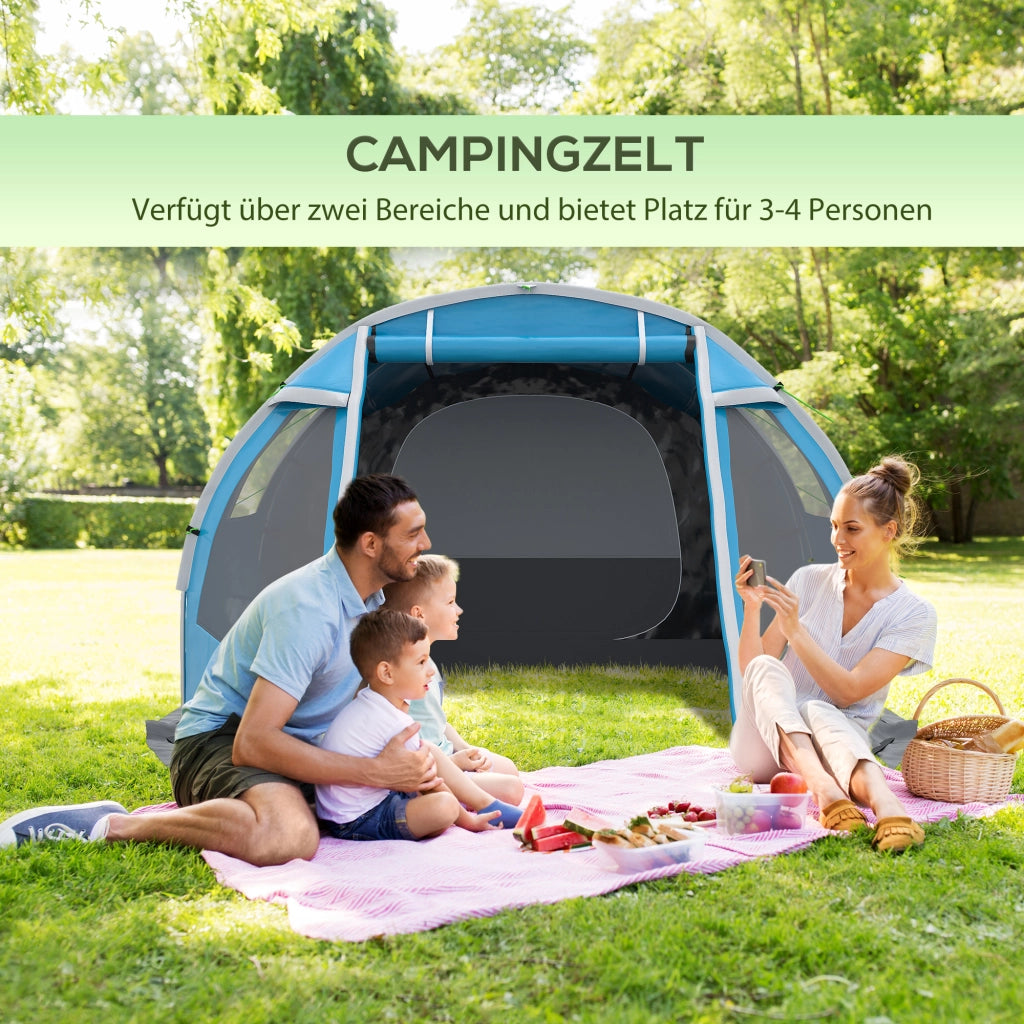 Tenda a tunnel, tenda da campeggio per 4 persone con 2 stanze, protezione UV, finestre, borsa per il trasporto, colonna d'acqua 2000 mm, blu