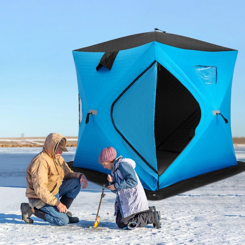 Tenda da pesca sul ghiaccio pieghevole capanno 2 persone pareti cotone, Tenda da pesca sul ghiaccio con porta e cerniera Blu-Tende