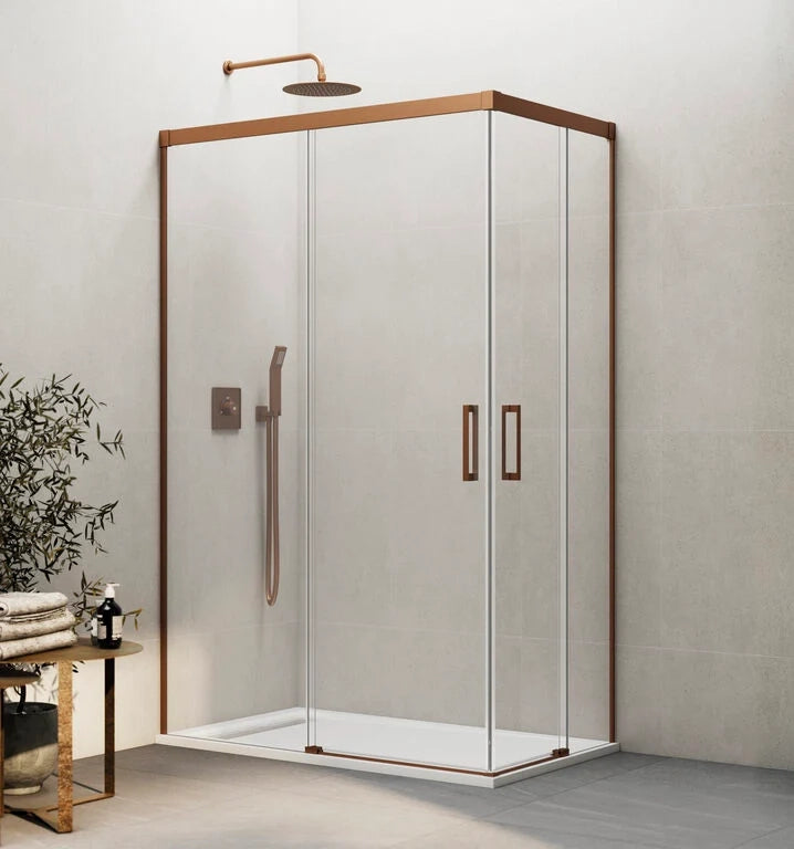 Box doccia angolare BASIC apertura al vertice 140x75 cm (135-139/70-75) rame vetro trasparente