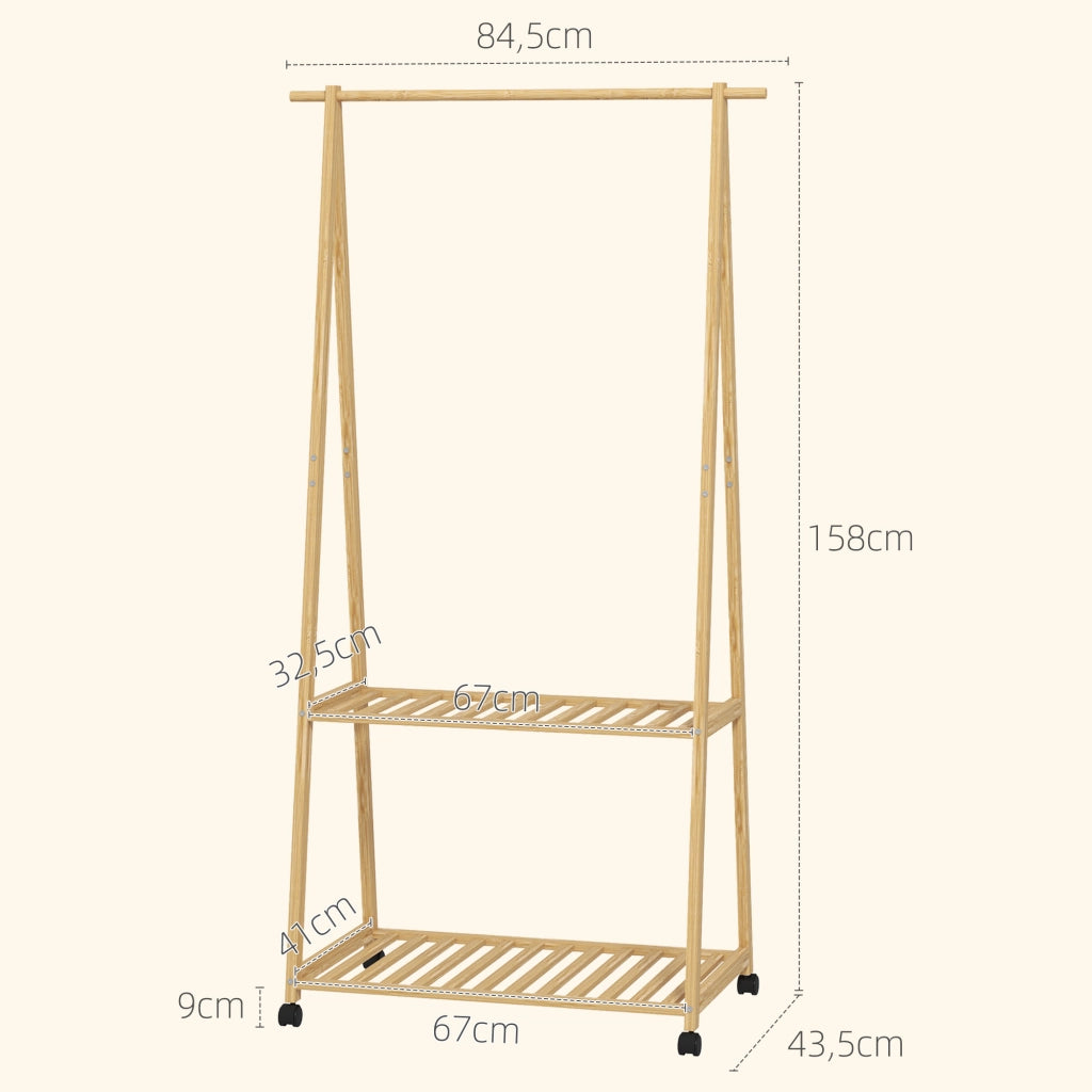 Appendiabiti con Ruote in Bamb¨´ ¨C Xylo ¨C 2 Ripiani, 2 Ganci, 84,5x43,5x158 cm, Naturale