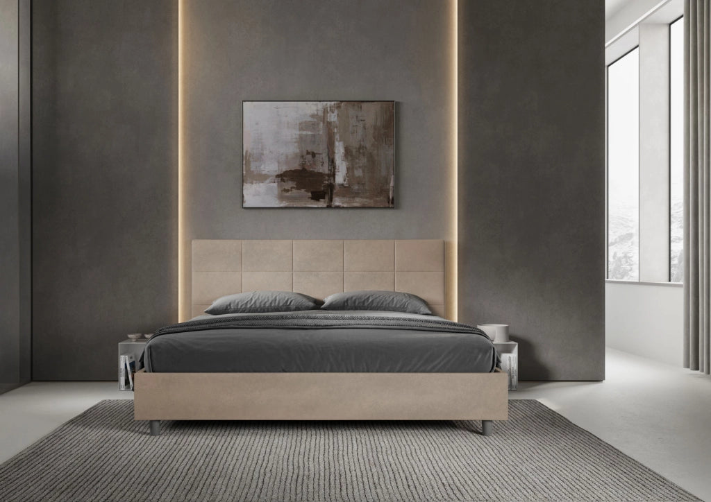 BS COM Letto matrimoniale king size senza rete imbottito 190x190 microfibra sabbia