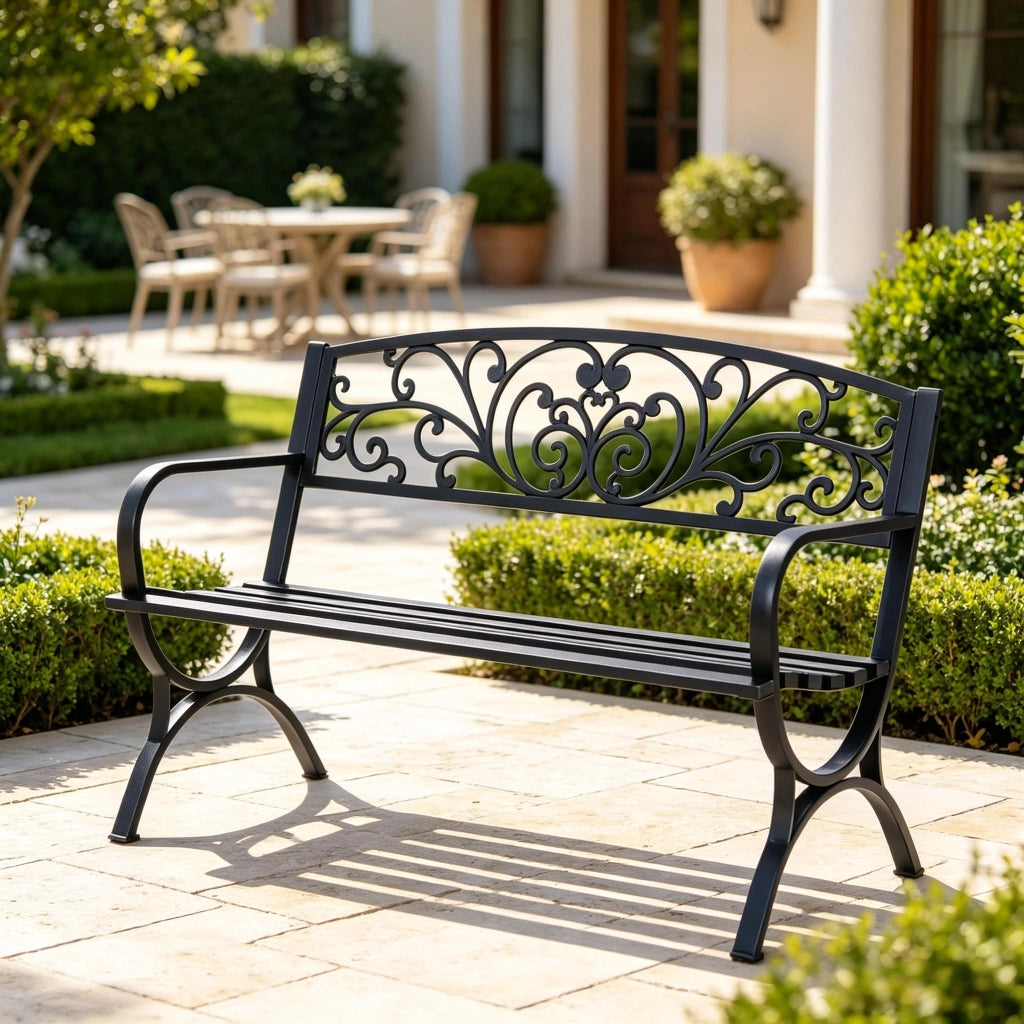 Elegante panchina da esterno, panchina da giardino con schienale ornamentale, panchina elegante (solo panchina)