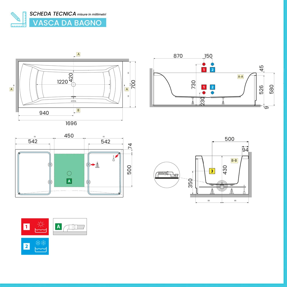Vasca da bagno a parete 170x70 con pannelli bianco lucido e cuscino antibatterico Ypsilon