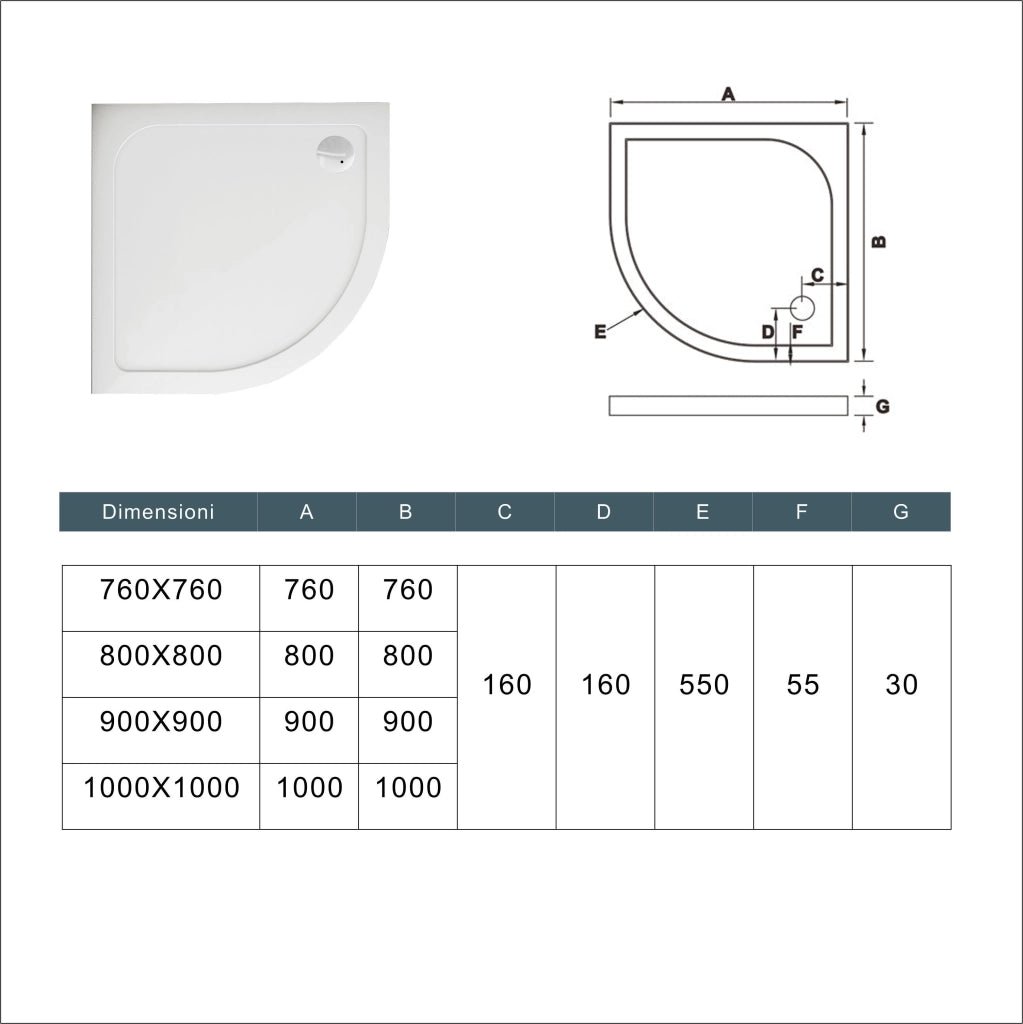 Piatto Doccia Semicircolare 80x80cm Bianco Spessore di 3 cm in Pietra Artificiale e Resina Minerale Mista Piletta Extra Piatta Sottile e Tubo inclusi