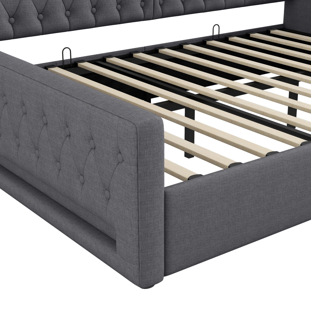 Divano letto con contenitore e LED; 140x200 cm; in MDF e lino grigio