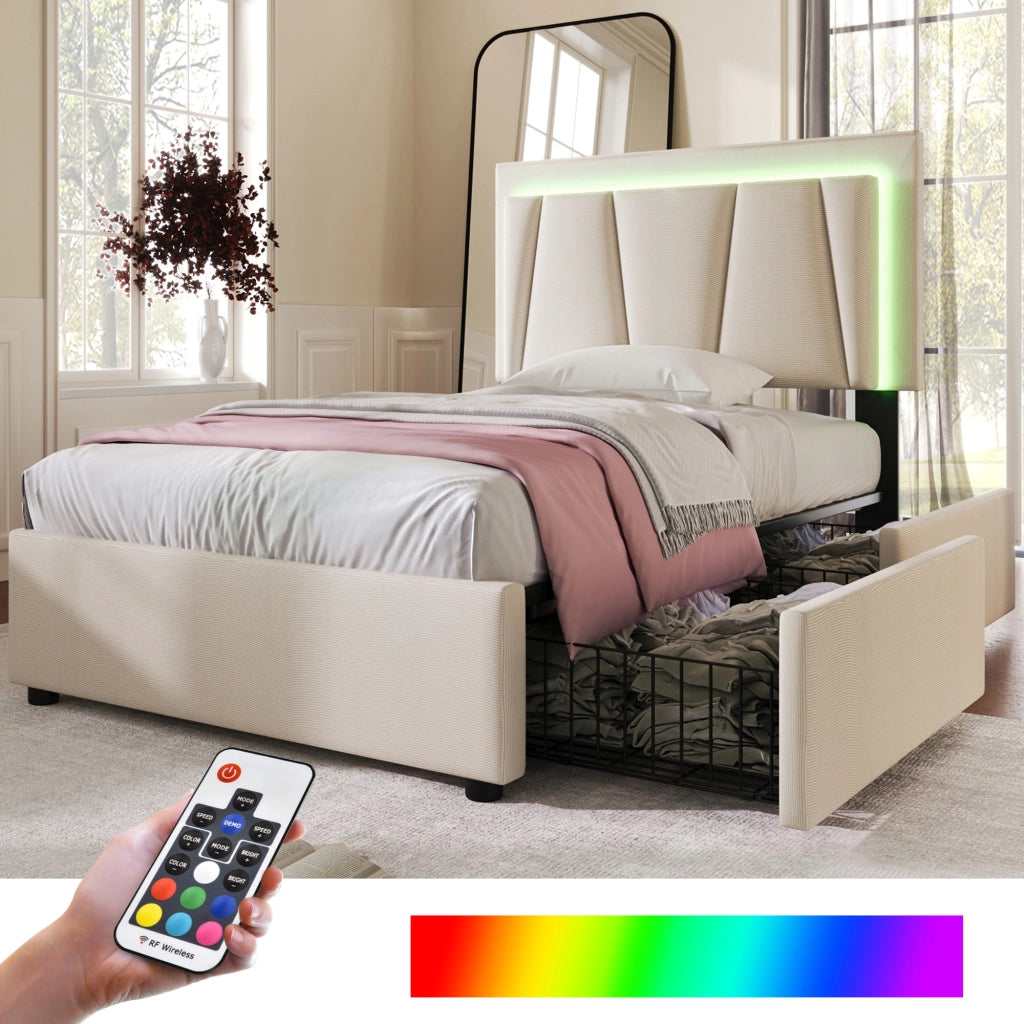 OKWISH Letto Singolo con Cassetti 90×200 cm con LED, 2 Cassetti, Testiera Regolabile e Telecomando, senza Materasso, Beige