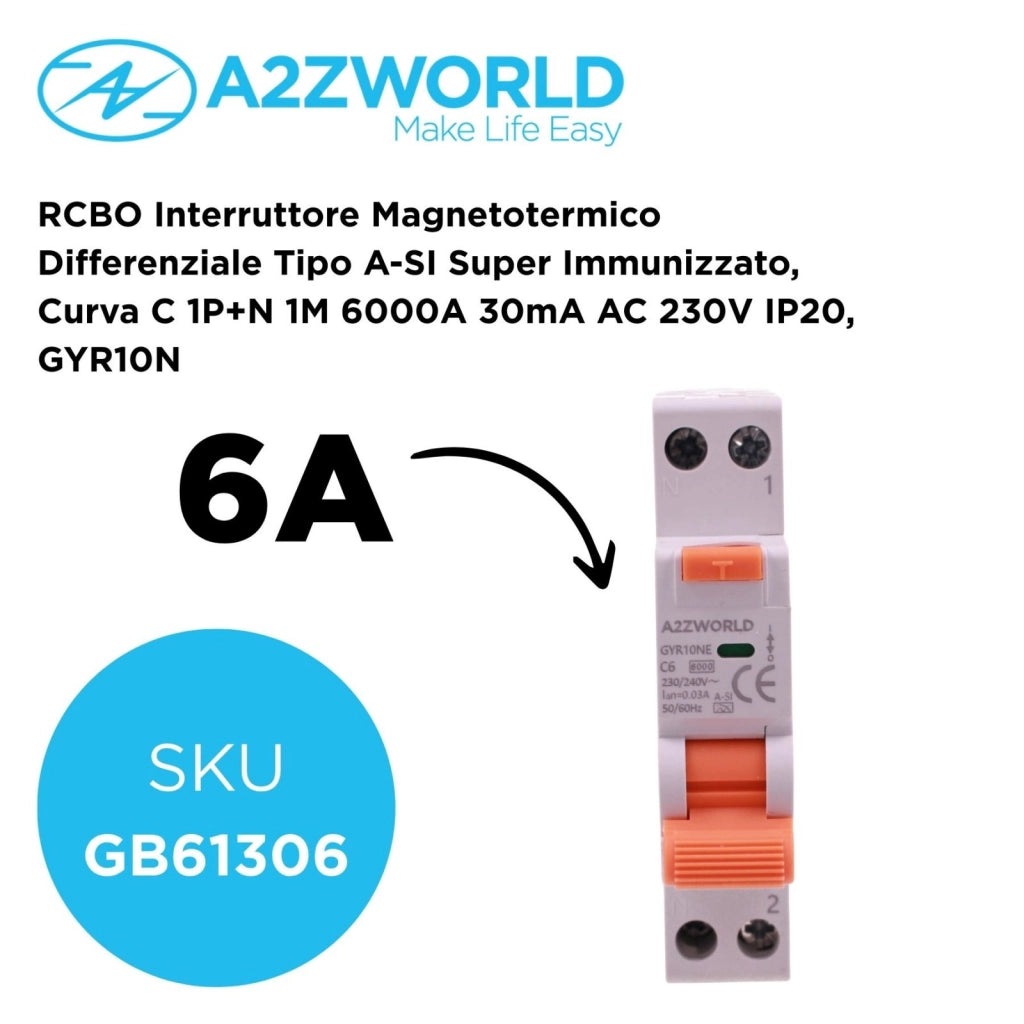 RCBO Interruttore Magnetotermico Differenziale Tipo A-SI Super Immunizzato, Curva C 1P+N 1M 6000A 30mA AC 230V IP20, GYR10N, Disponibili 6A 10A 16A 20A 25A 32A 40A (C6A)