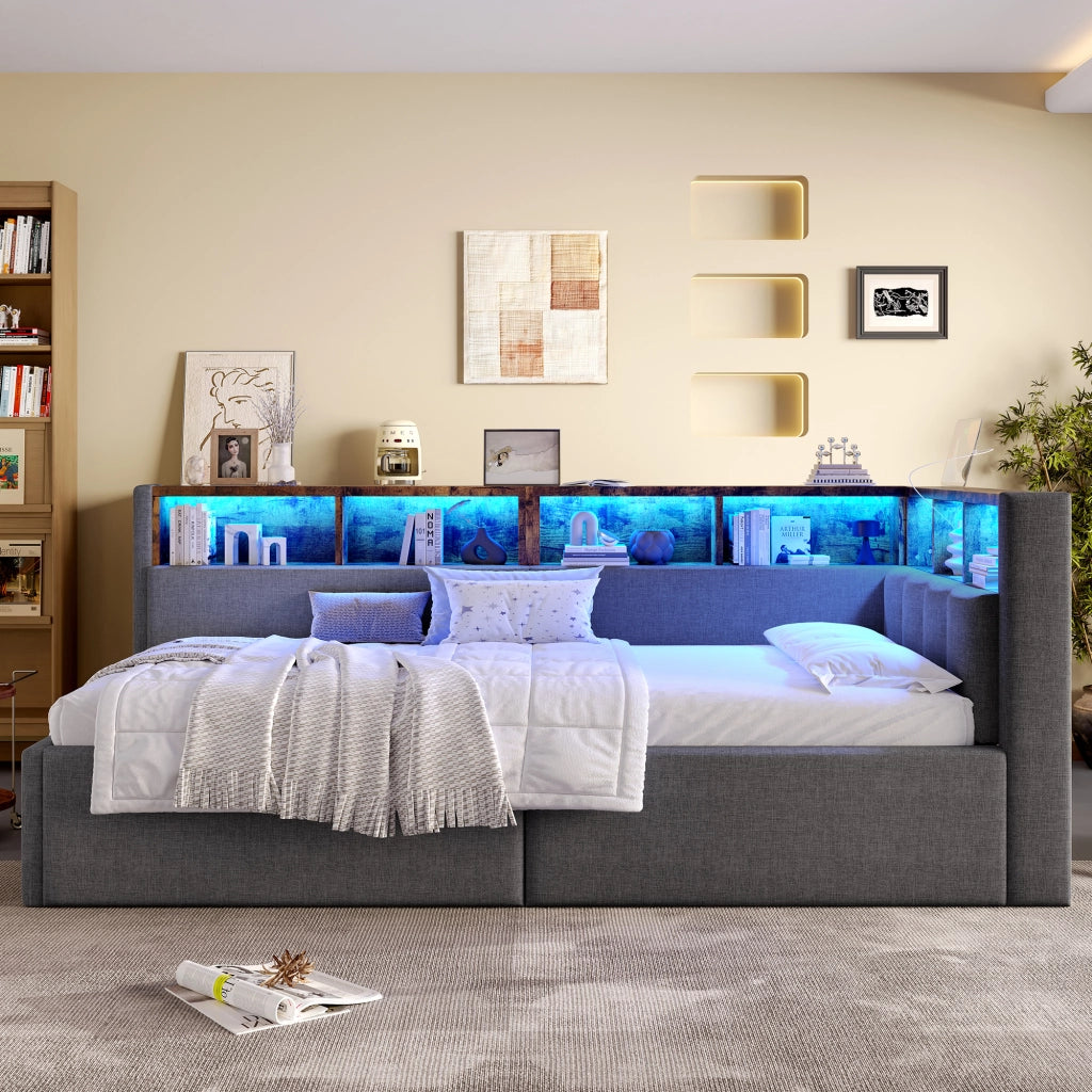 Tagesbett con funzione di stoccaggio idraulica in lino grigio 90x200 cm