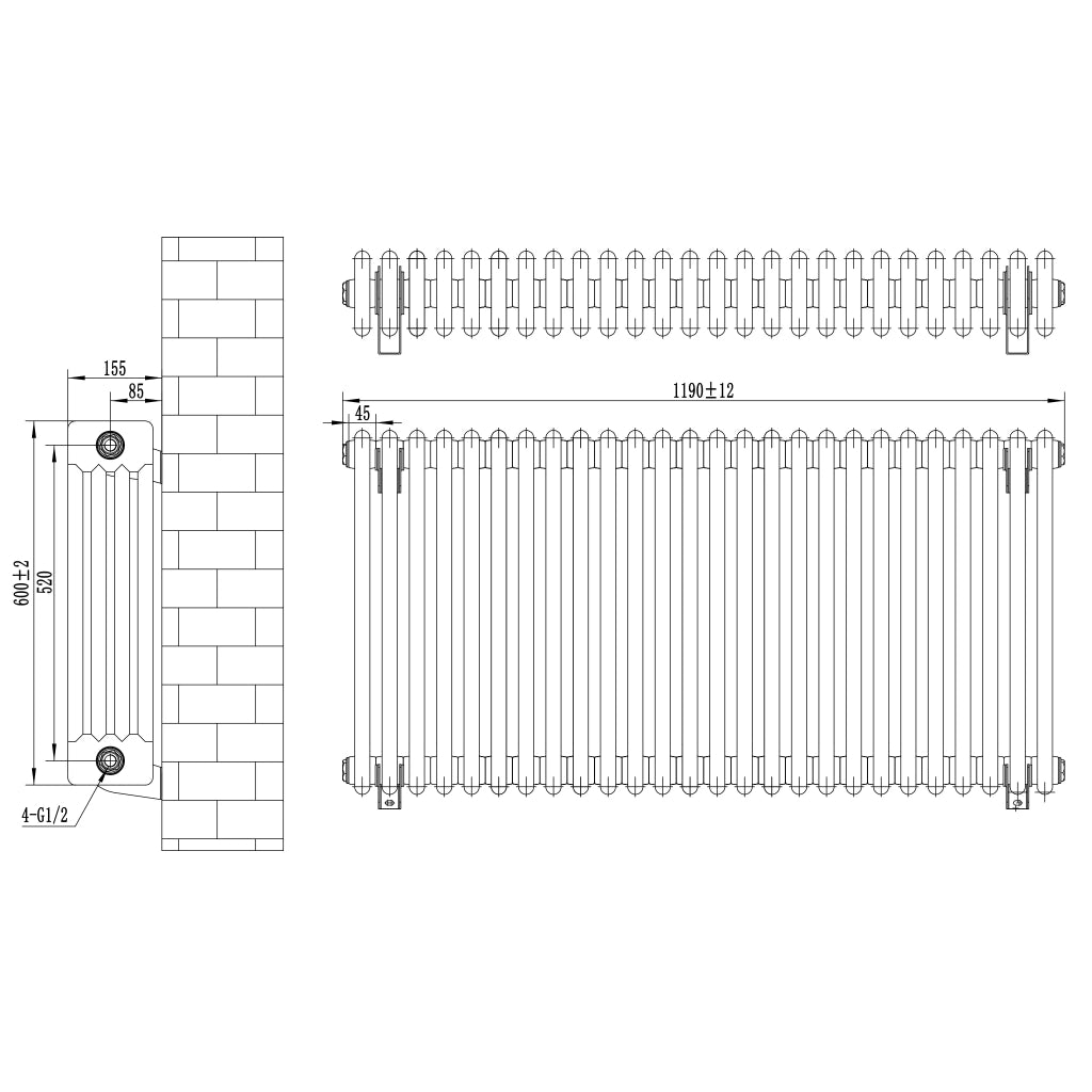 Radiatore Tradizionale 4 Colonne Orizzontale Riscaldamento Antracite 600x1190 mm