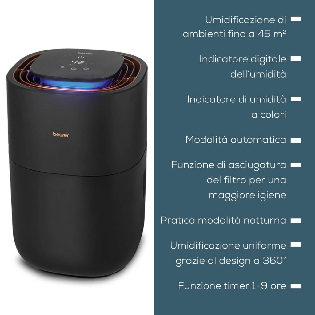 Beurer Umidificatore LB 300 Plus con Tecnologia di Evaporazione a Freddo ad Alta Efficienza Energetica, Indicatore di Umidità, Funzione di Asciugatura del Filtro Igienico, per Ambienti Fino a 45 m²