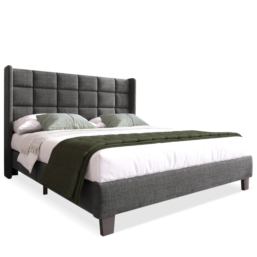 OKWISH Letto Imbottito 140×200 cm, Letto Matrimoniale con Testiera Imbottita Regolabile e Doghe, senza Materasso, in Lino - Grigio