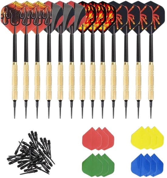 Set di dardi 14 gram - Confezione da 12 pezzi - 24 ali supplementari - 100 punte di dardo in plastica - Tempo libero e sport - Alta qualità - Kit di dardi