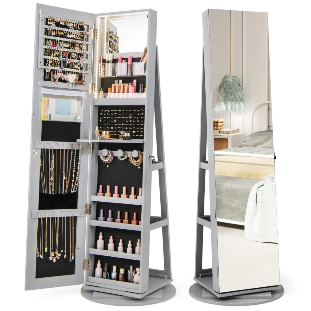Mobile portagioielli 3 in 1 con specchio a figura intera 54,5 x 161 cm rotazione a 360° finitura MDF grigio moderno 20_0017110